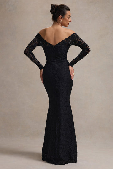 Astoria Black Lace Bardot Maxi Dress With Chiffon Skirt